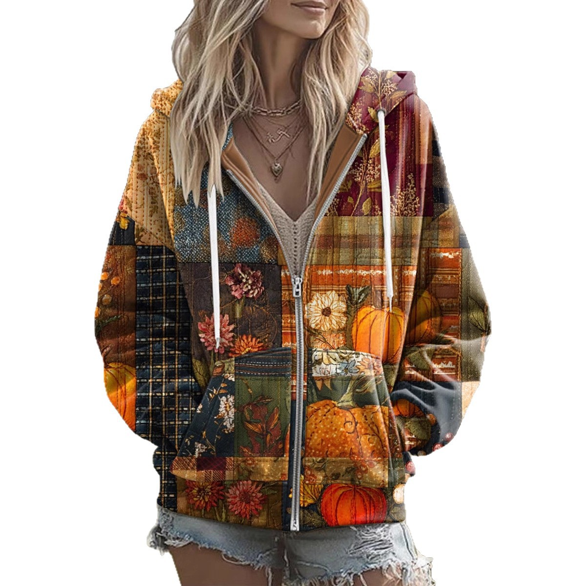 Women's Floral Pumpkin Print Zip-Up Hoodie
