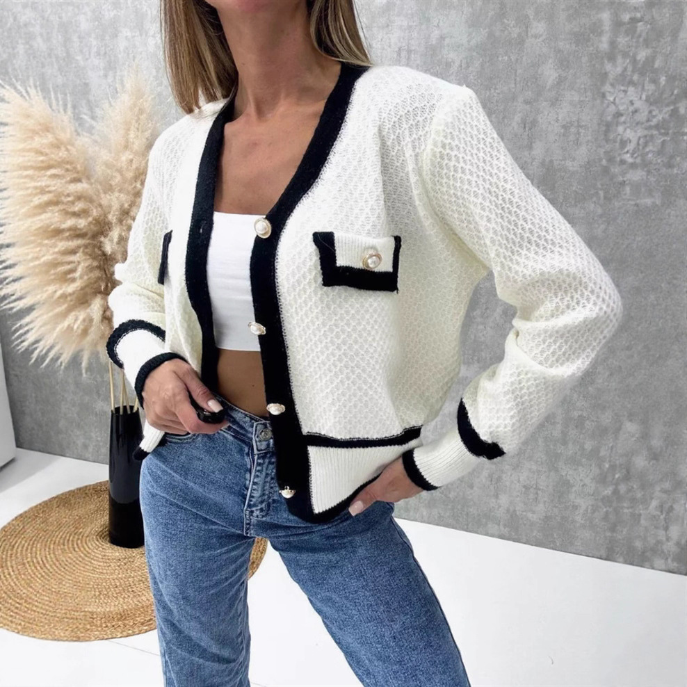 Women's Color-Block Knit Cardigan with Pearl Buttons Long Sleeve V-Neck