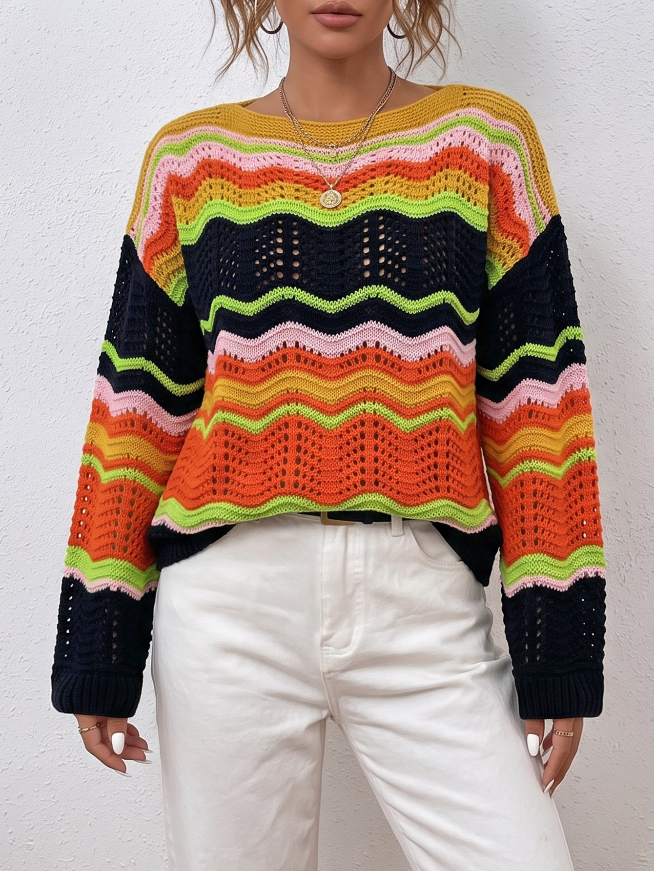 Women's Rainbow Striped Color-Block Open-Knit Pullover Sweater