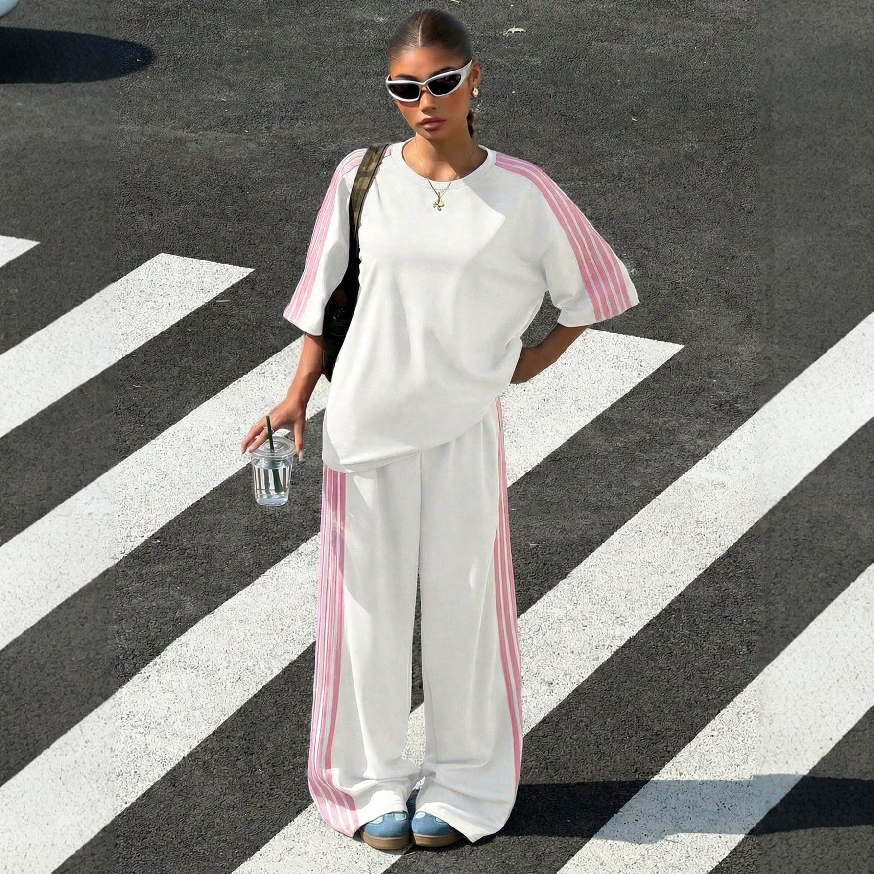 Women's Loose Short-Sleeve Tee & Striped Wide-Leg Pants Set