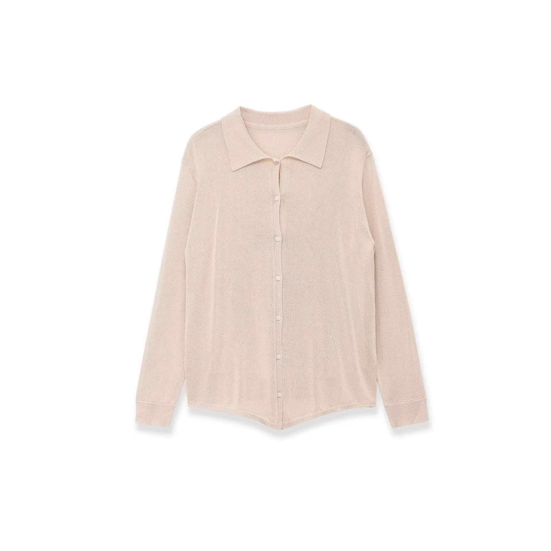 Women's Beige Long Sleeve Knit Cardigan Polo Collar Simple Commuter Style