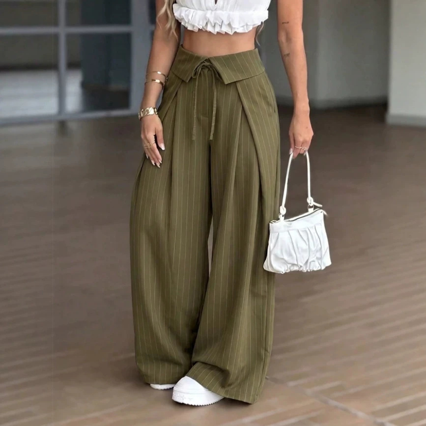 High-Waist Striped Wide-Leg Suit Pants Casual Trousers