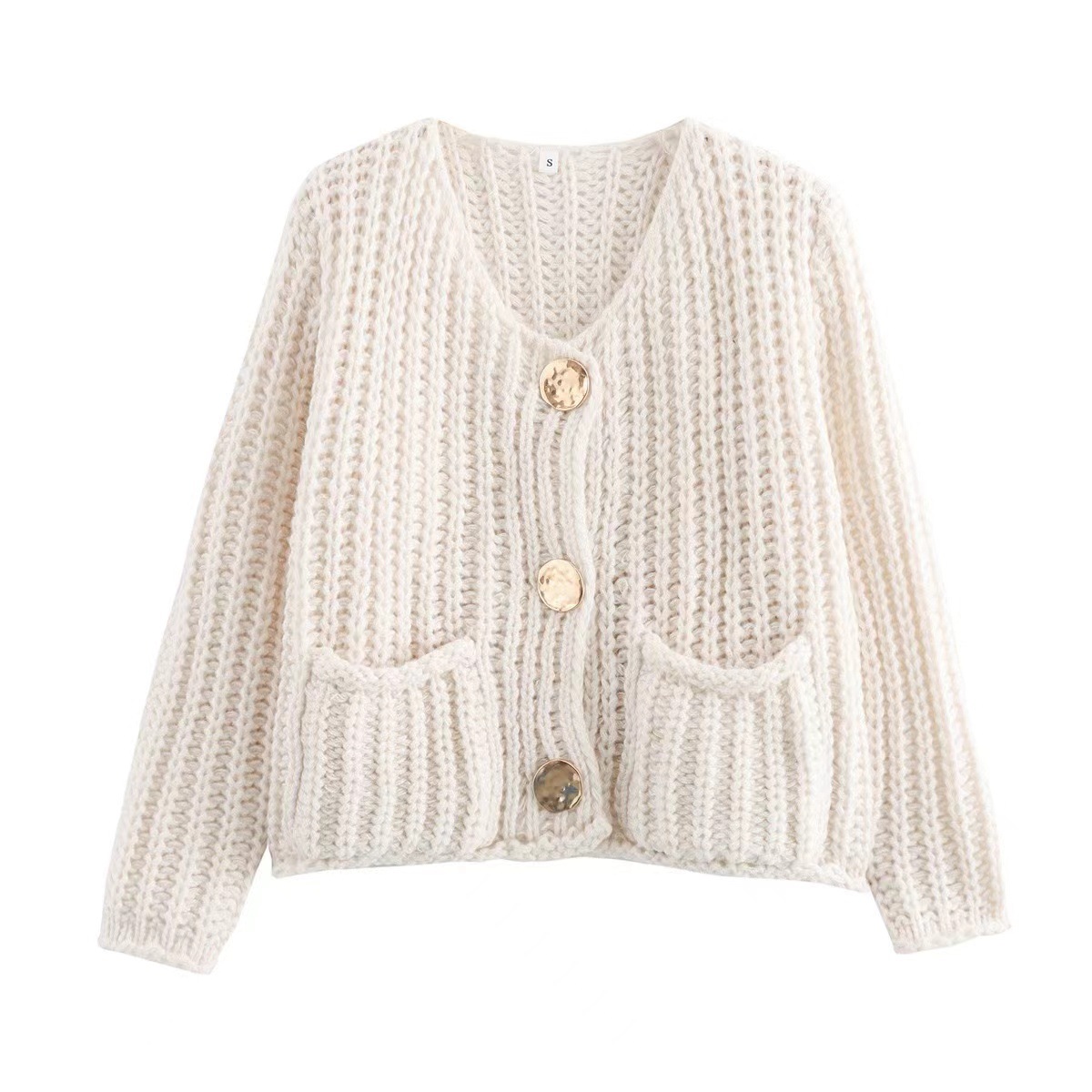 Women's Solid Color Single-Breasted Cropped Chunky Knit Cardigan Sweater