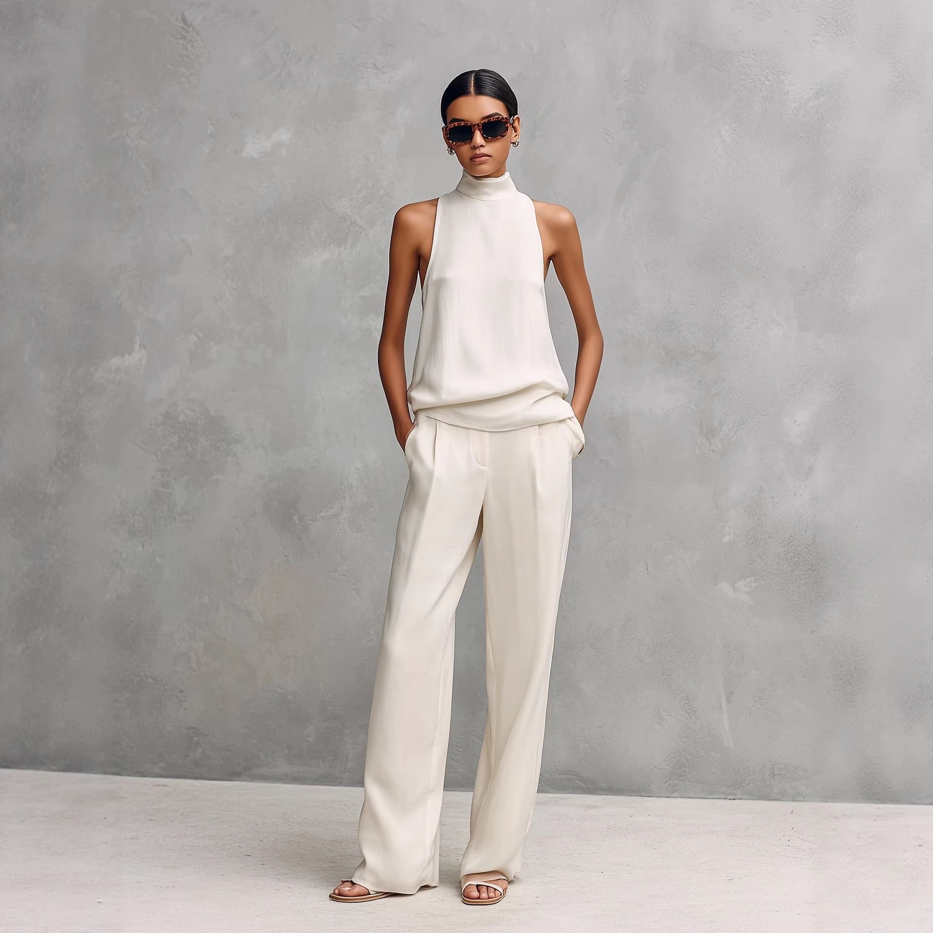 Women's Sleeveless High Neck Top & Wide Leg Pants Set
