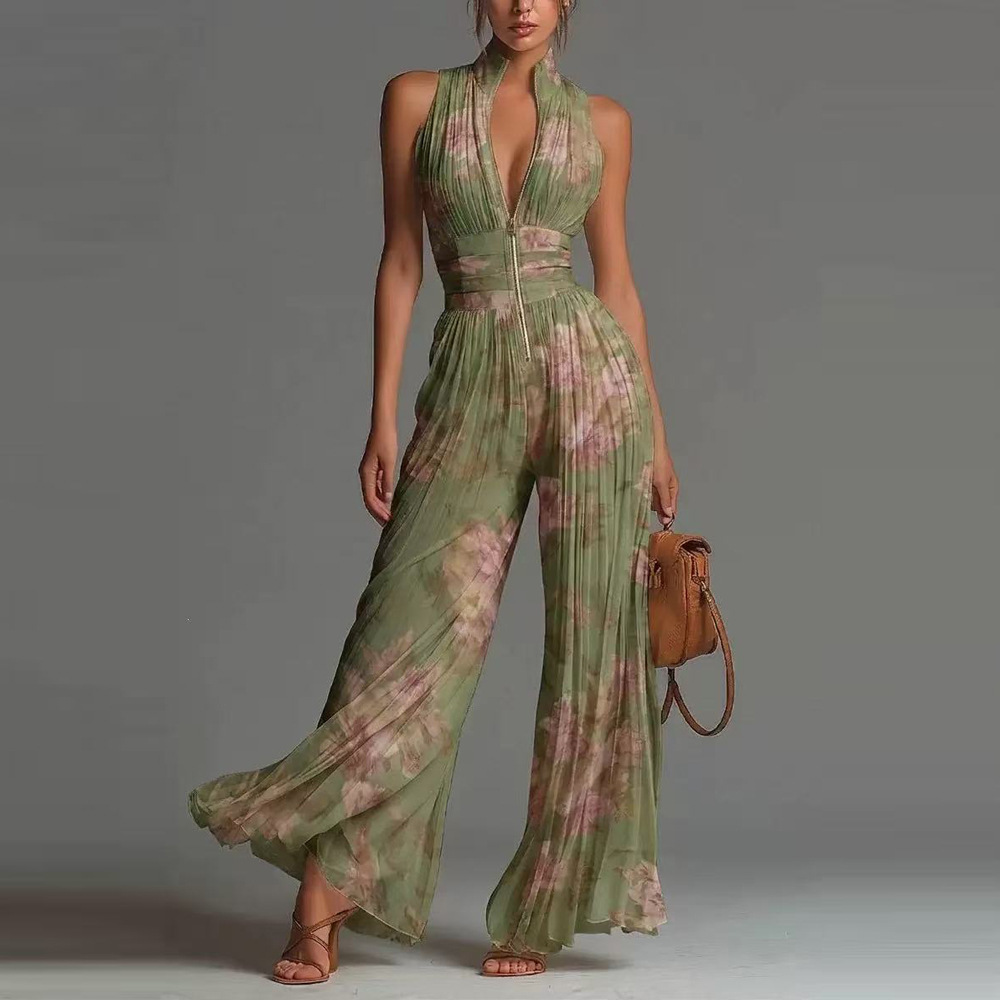 Pleated White Wide-Leg Halter Jumpsuit