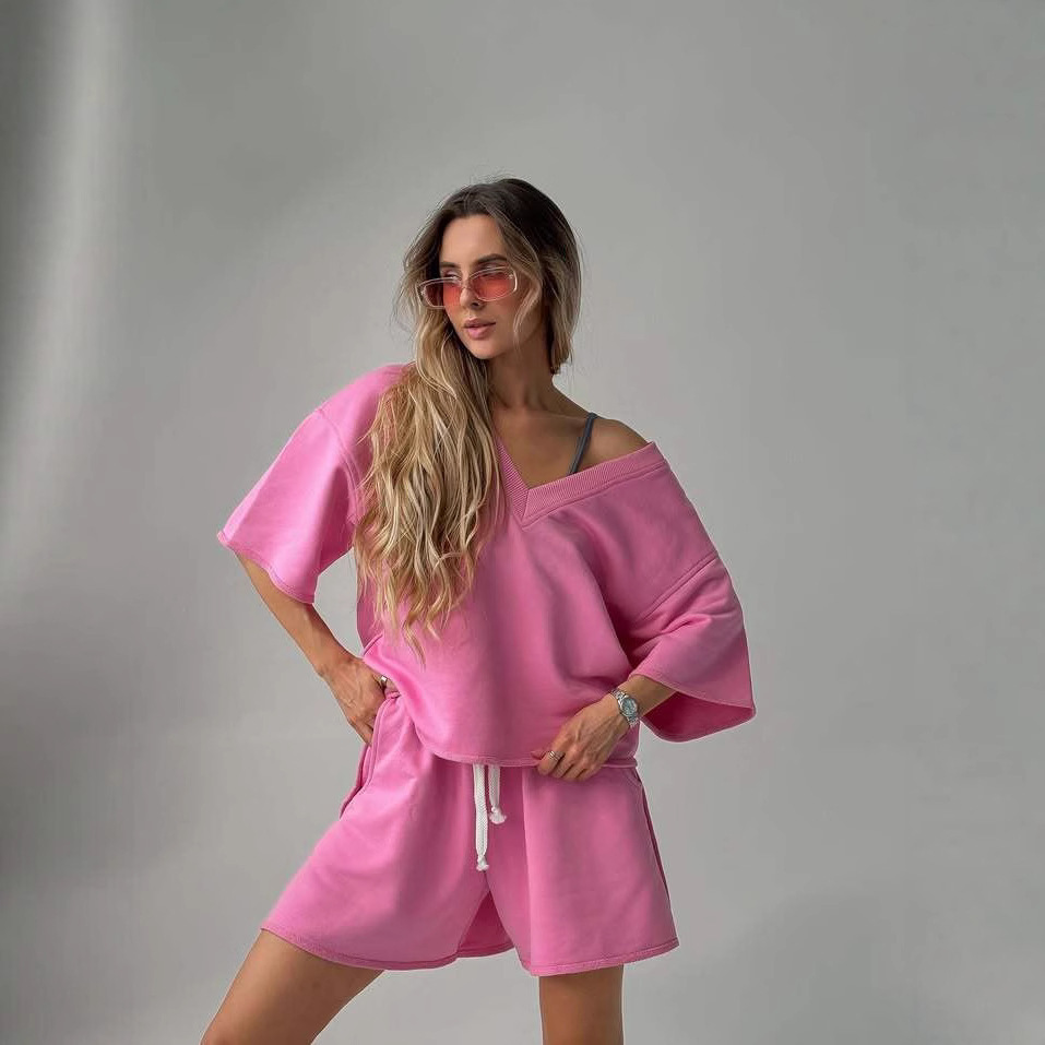 Women's Solid V-Neck Short Sleeve Button Shorts Two-Piece Set