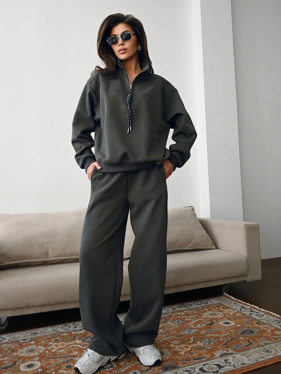 Women's Half-Zip Stand Collar Tracksuit with Drawstring Hoodie and Wide-Leg Pants