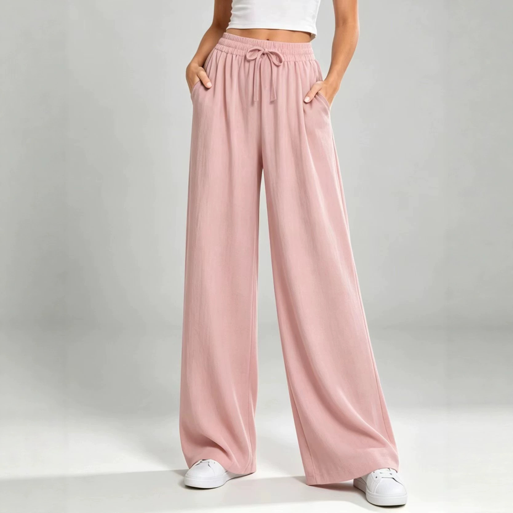 Women's Drawstring Elastic Waist Wide Leg Pants Solid Color Straight Loose Casual