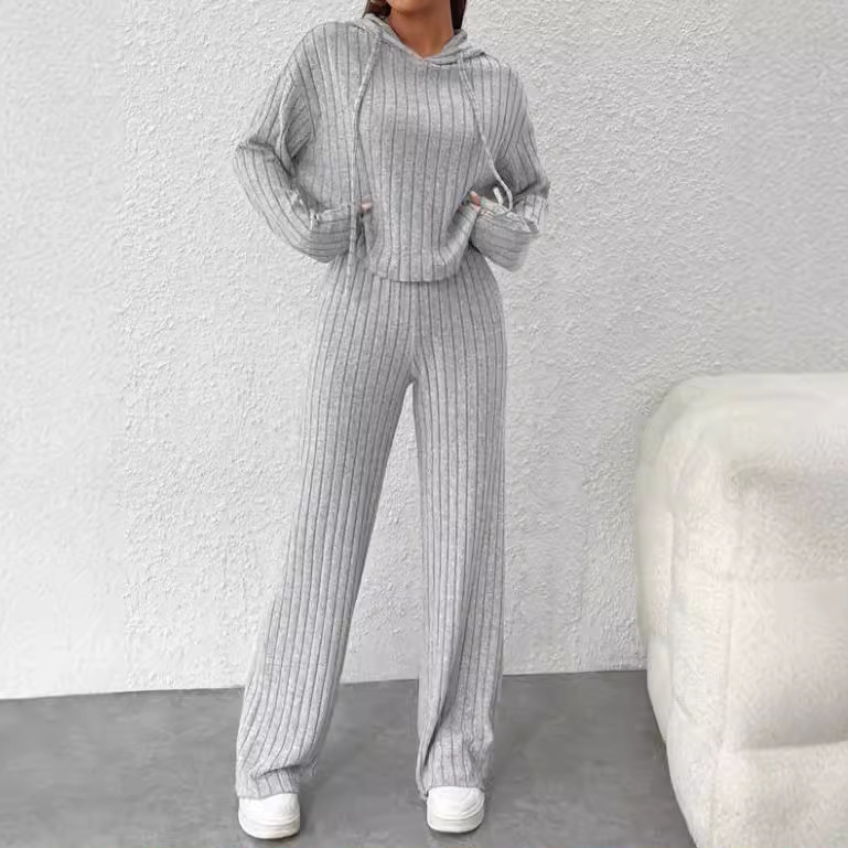 Striped Hooded Knit Sweatsuit Set Long Sleeve Top & Pants Relaxed Fit