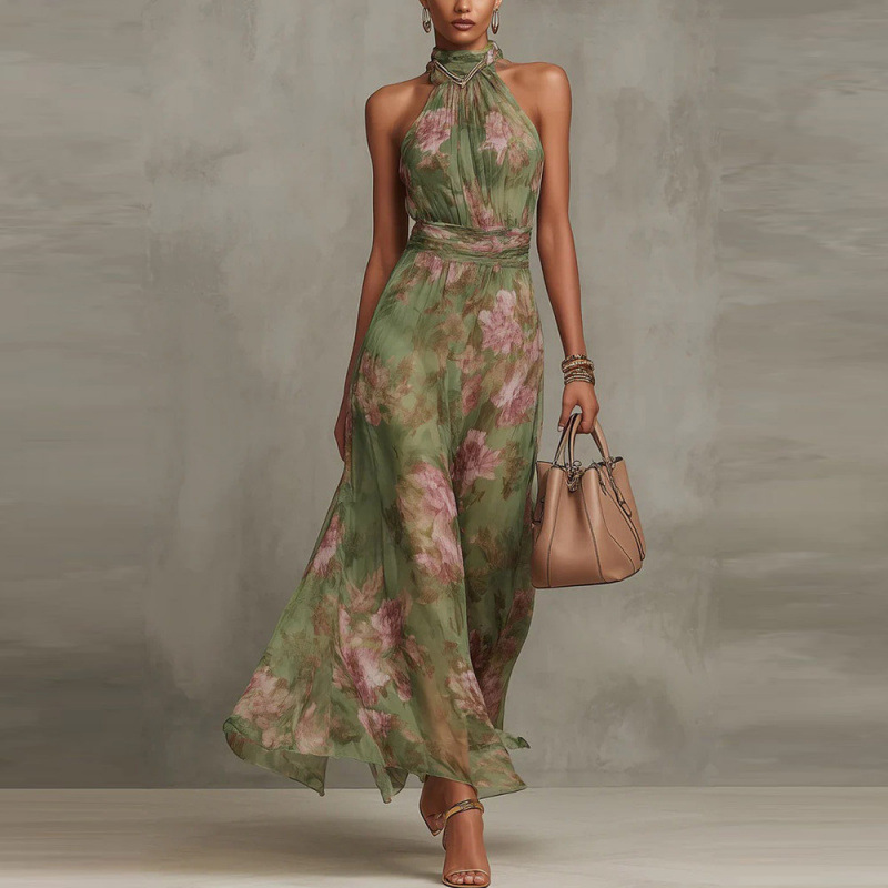 Women's Bodycon Mesh Floral Print Cami Maxi Dress with High Slit