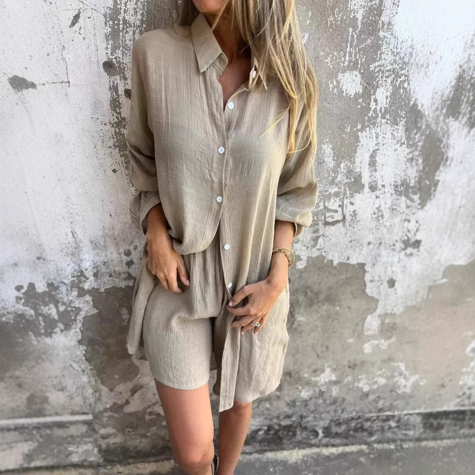 Women's Printed Long-Sleeve Collared Shirt and Shorts Set