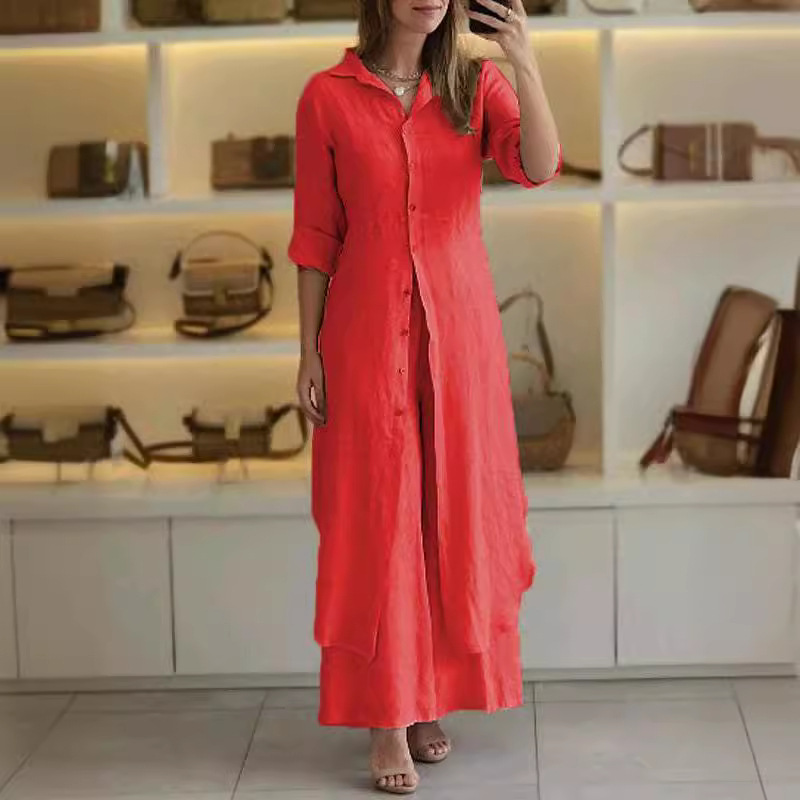 Urban Elegant Cotton-Linen Slim Waist Long Shirt & Wide-Leg Pants Set