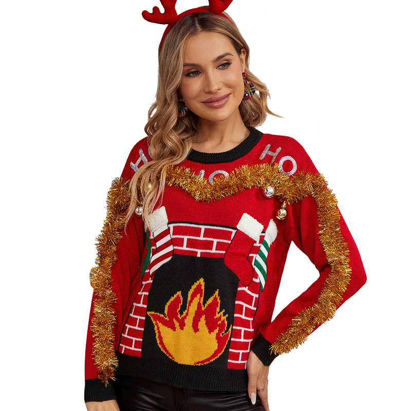 Red Christmas Letter Embroidered Pullover Sweater for Women