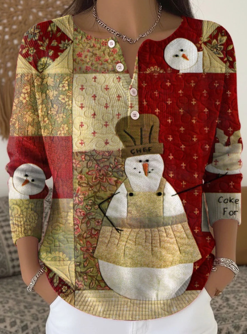 Women's Christmas Tree Snowman Scarf Print Button Sweatshirt