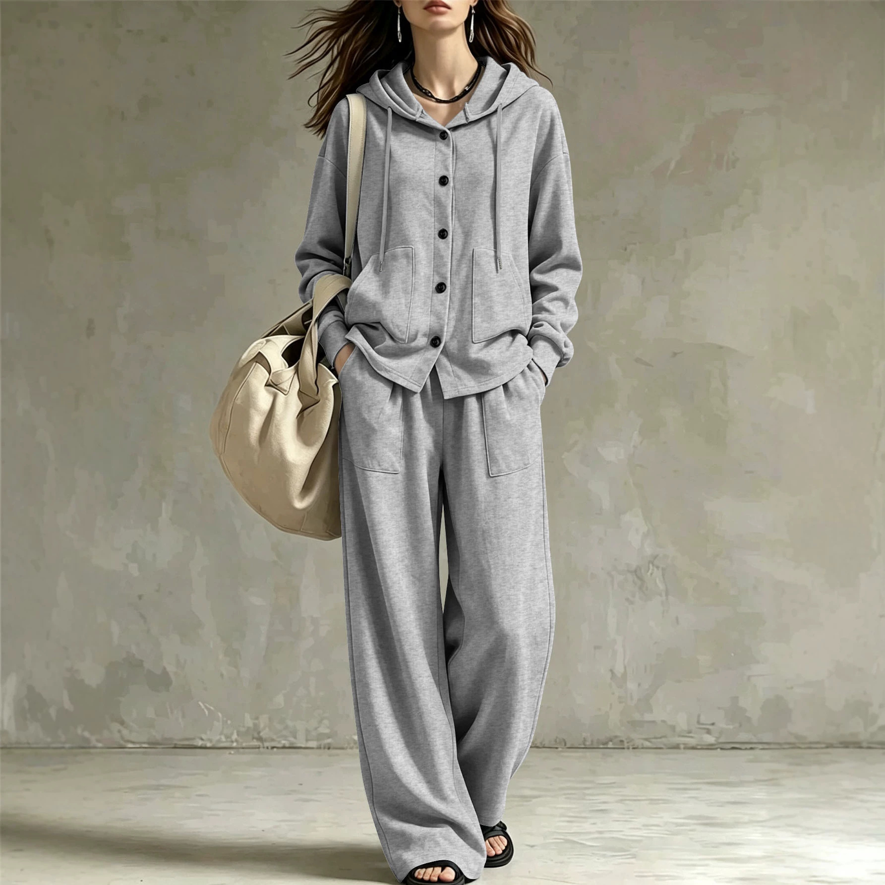Women's Loose Hooded Cardigan and Wide-Leg Pants Two-Piece Set