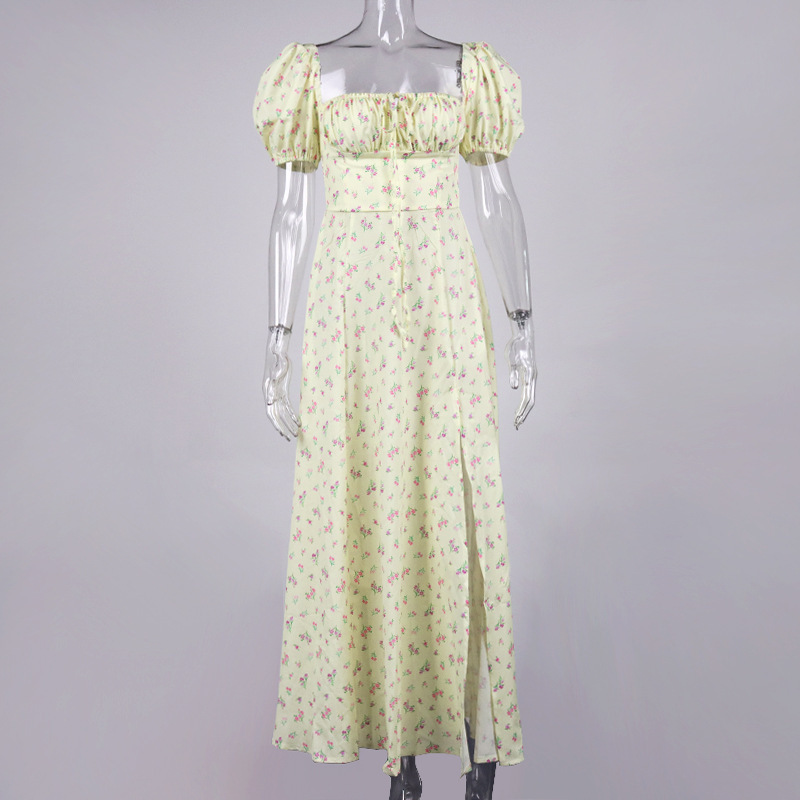 Floral Square-Neck Tie-Back Midi Dress with Slit and Ruching