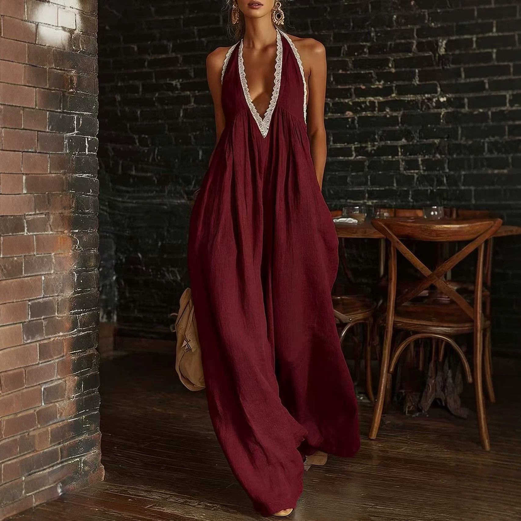 Lace-Trim Loose Linen Jumpsuit