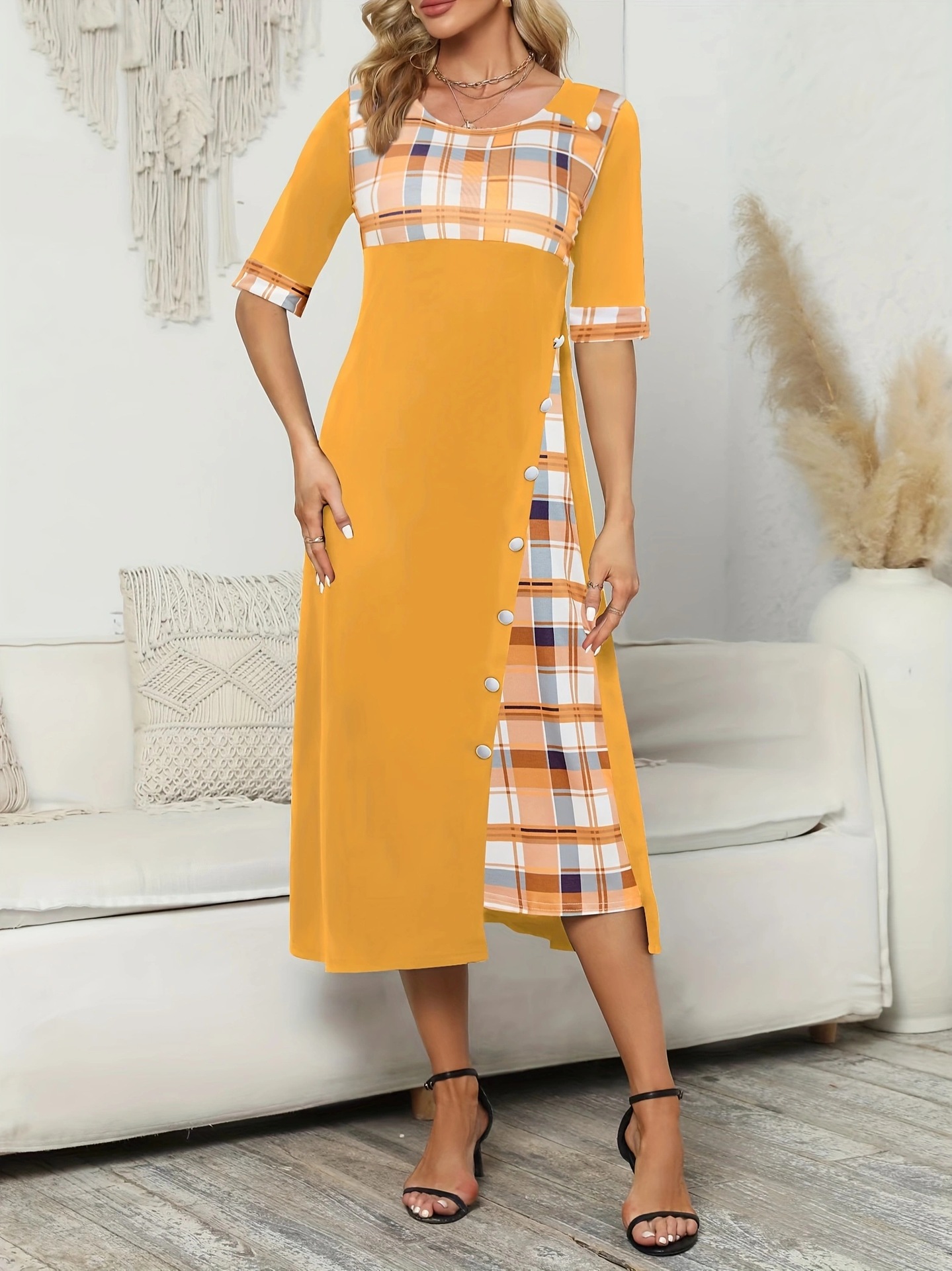 Irregular Plaid Patchwork Round Neck Half Sleeve Long Dress
