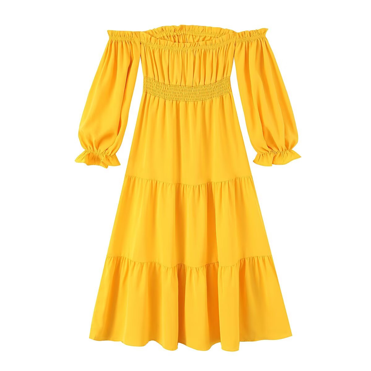 Yellow French Vintage Off-Shoulder Midi Dress Slimming