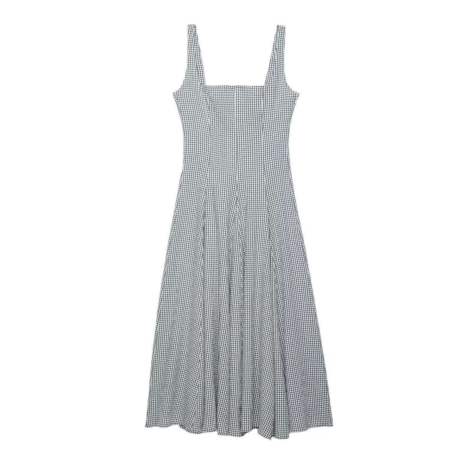 Minimalist Black and White Plaid Sleeveless Midi Dress