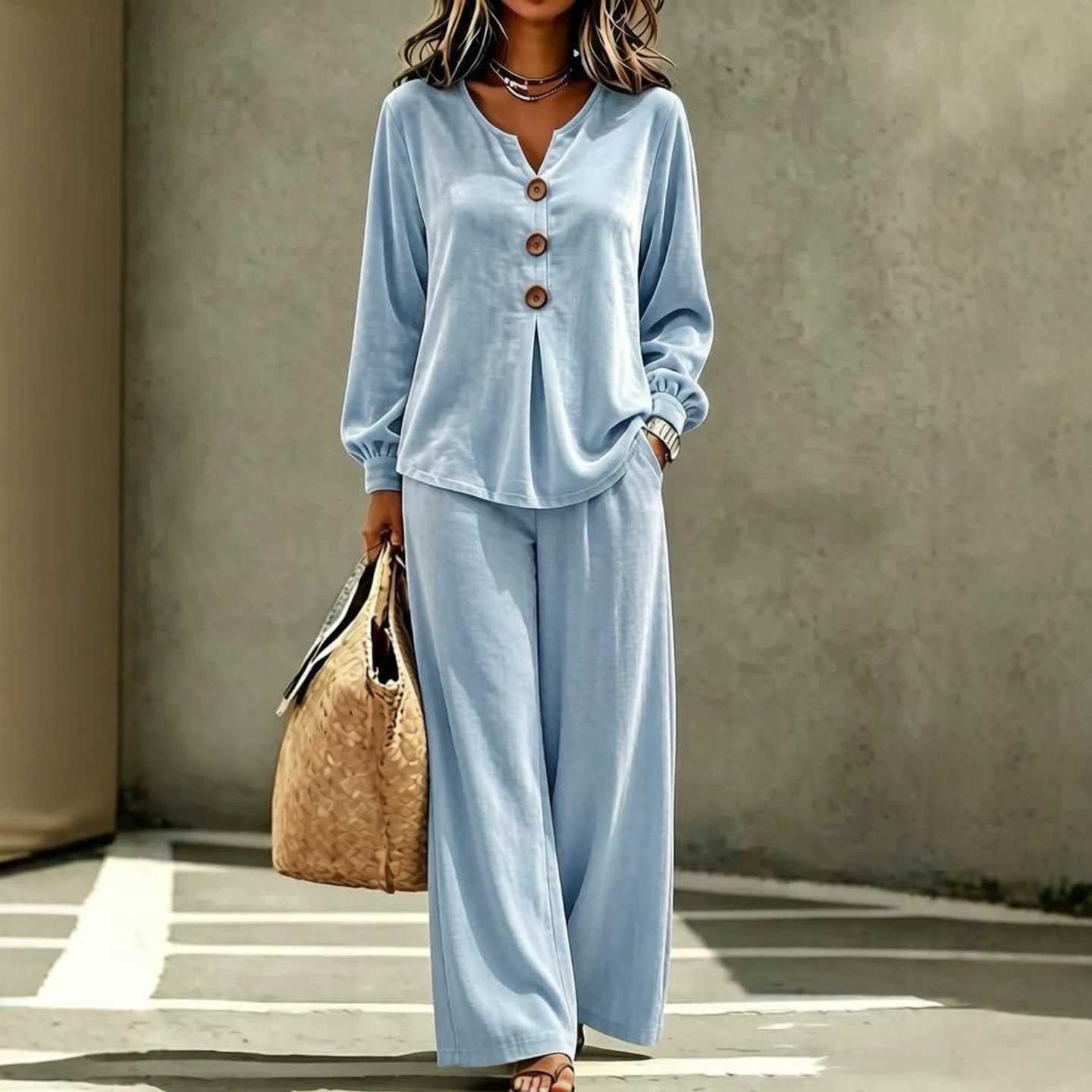 Women's Velvet Button V-Neck Long Sleeve Top and Pants Two-Piece Set