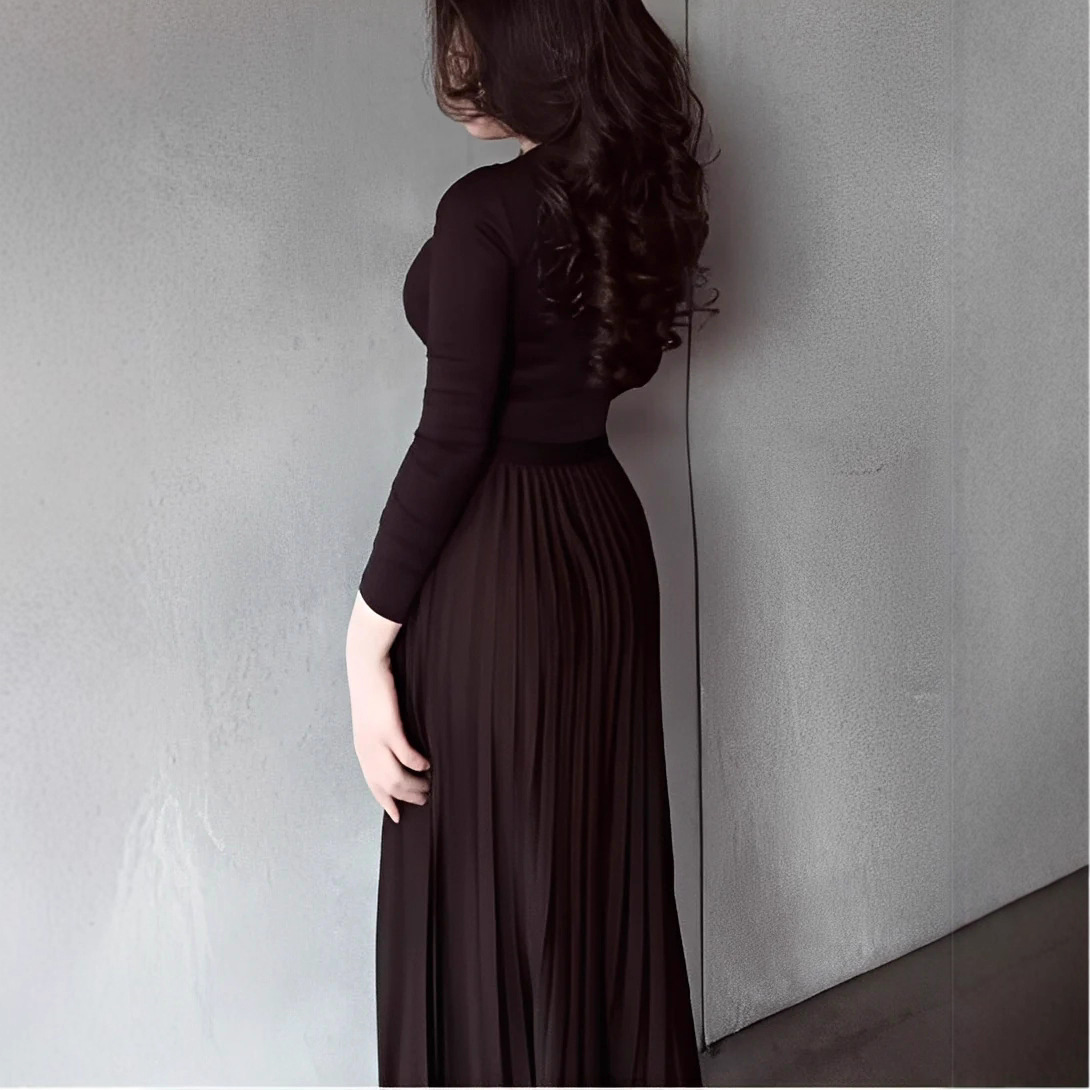 Solid Knit Long-Sleeve Fitted Top and Pleated Maxi Skirt Set