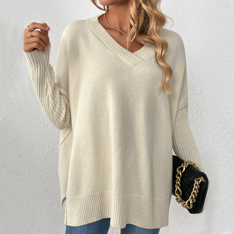 Women's V-Neck Pullover Sweater Lazy Style Patchwork Long Sleeve Knit Top
