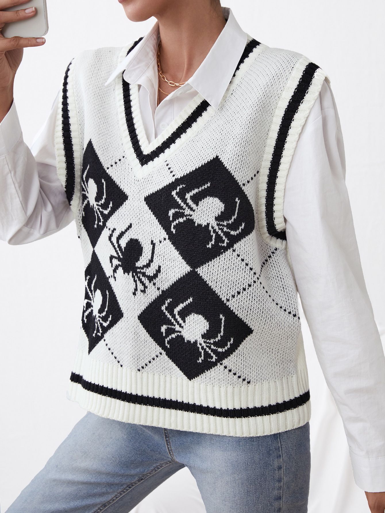 V-Neck Sleeveless Knit Sweater Vest with Spider Pattern