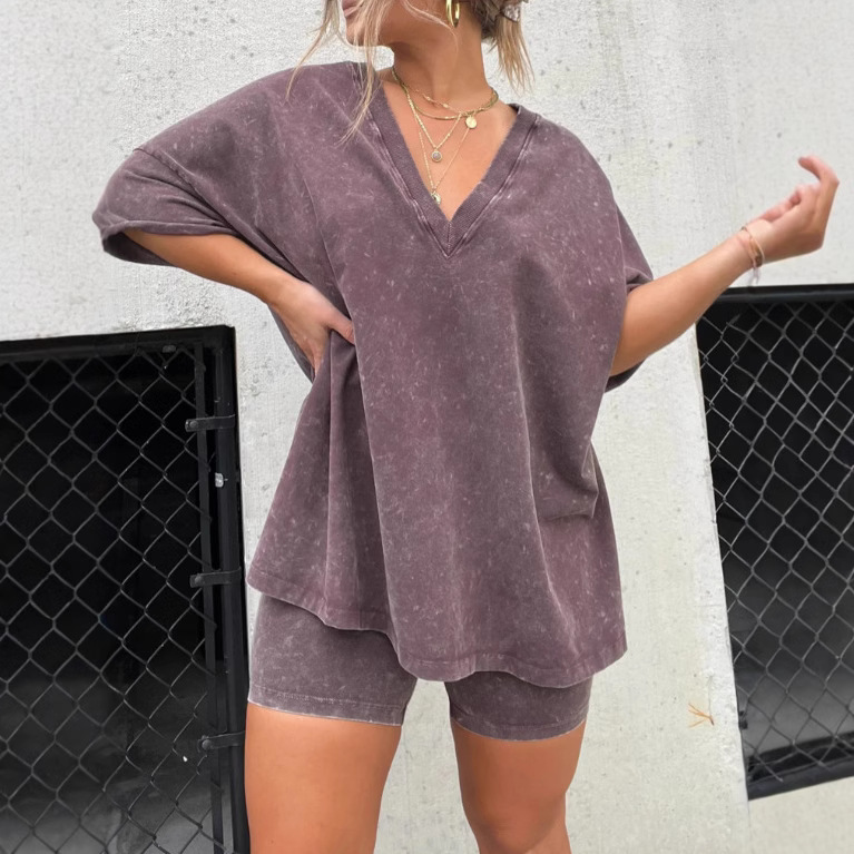 V-Neck Faux Denim Two-Piece Set with Short Sleeve Tee and High-Waist Shorts