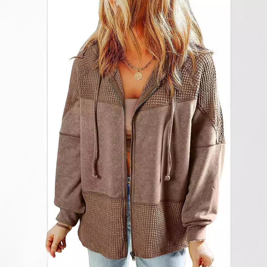 Color-Block Hooded Waffle Jacket with Drawstring