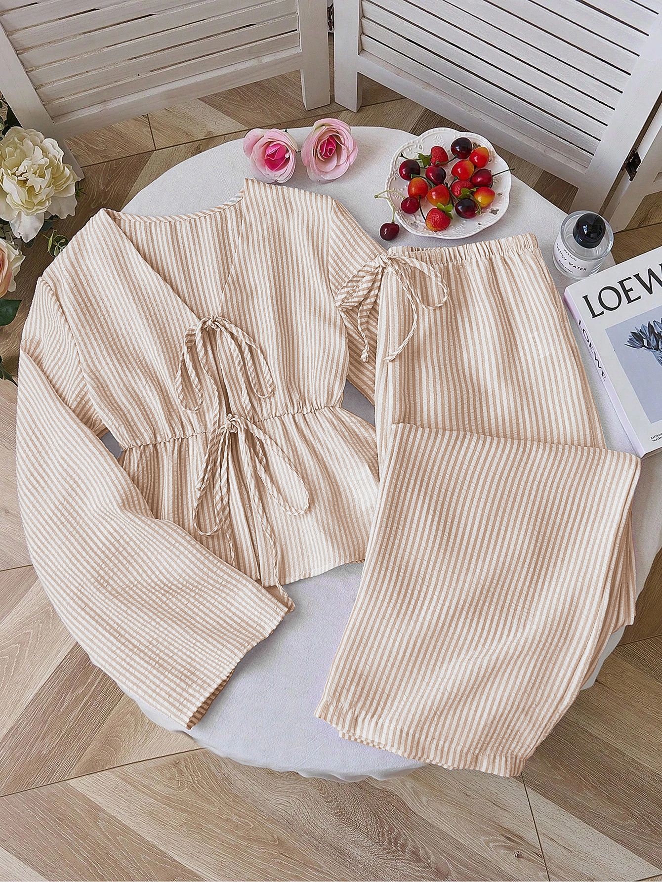 Striped Tie-Front Long-Sleeve Two-Piece Pants Set