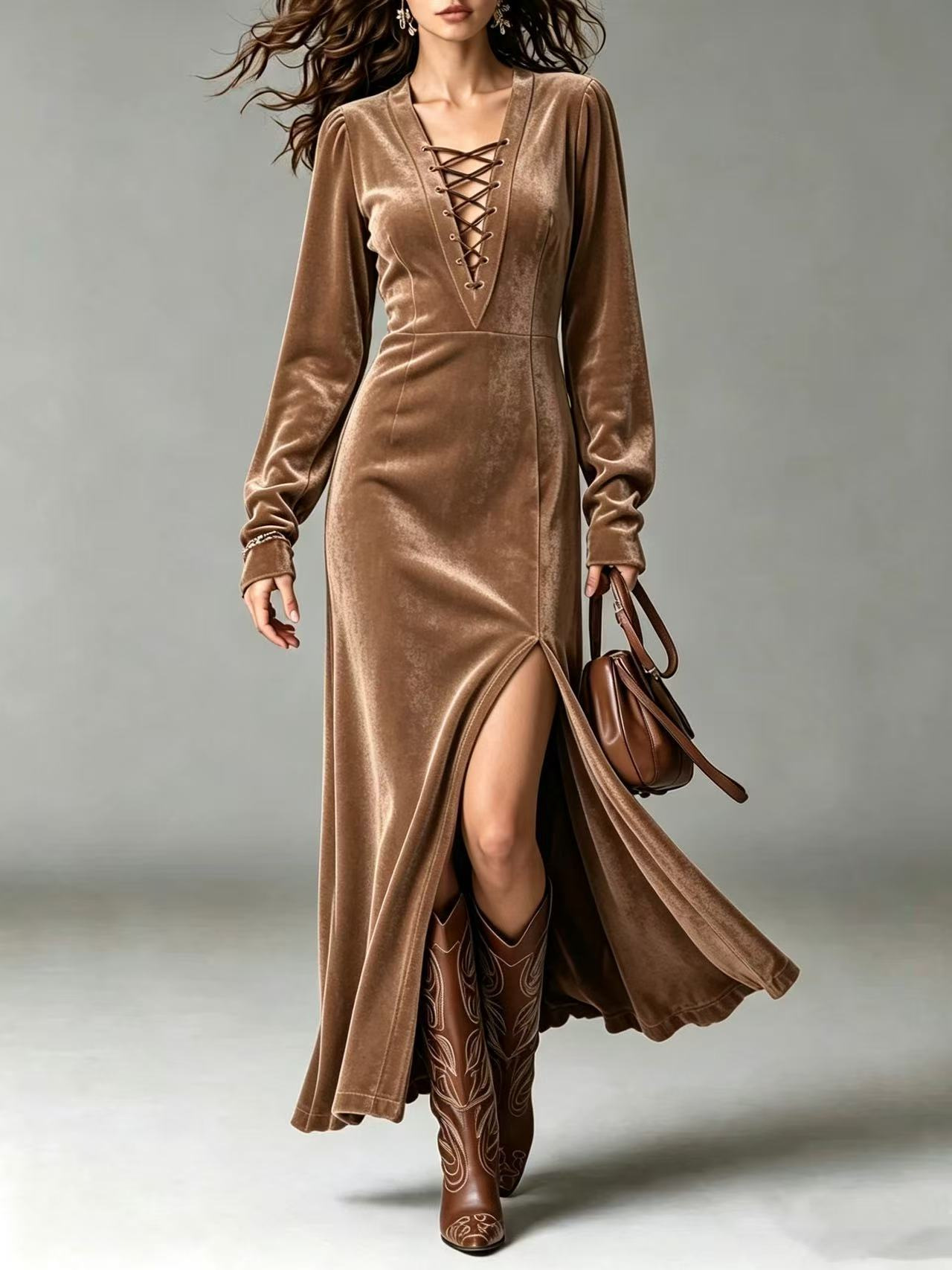 Solid Velvet Cross-Front Long Sleeve A-Line Dress