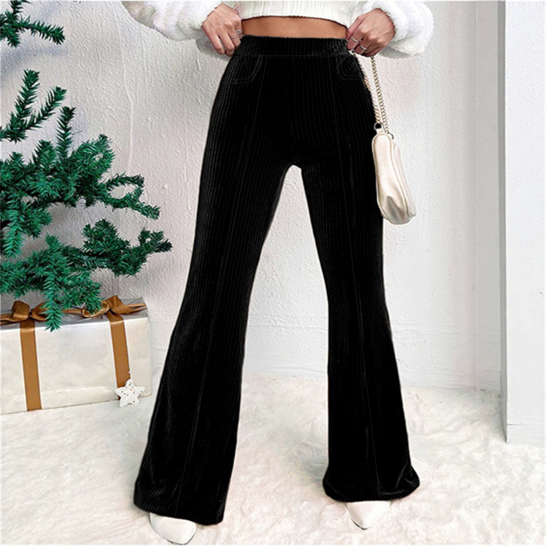 Women's High-Waist Corduroy Flare Pants Solid Color Wide-Leg Casual