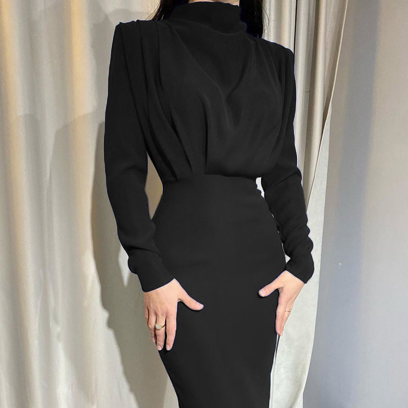 Women's Long Sleeve Solid Color Waist-Cinching Midi Dress