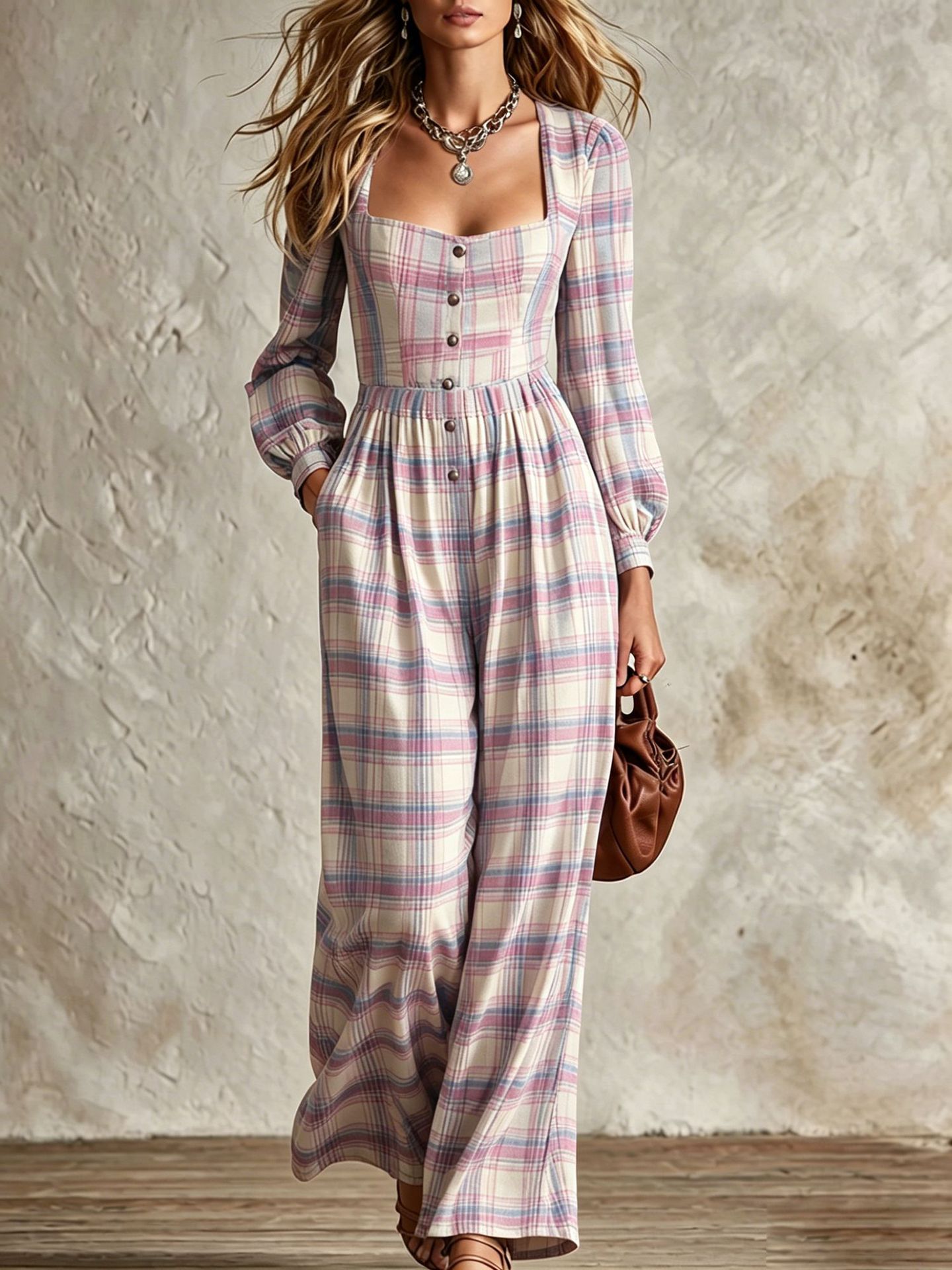 Women's Retro Plaid Square Neck Button-Front Wide-Leg Jumpsuit