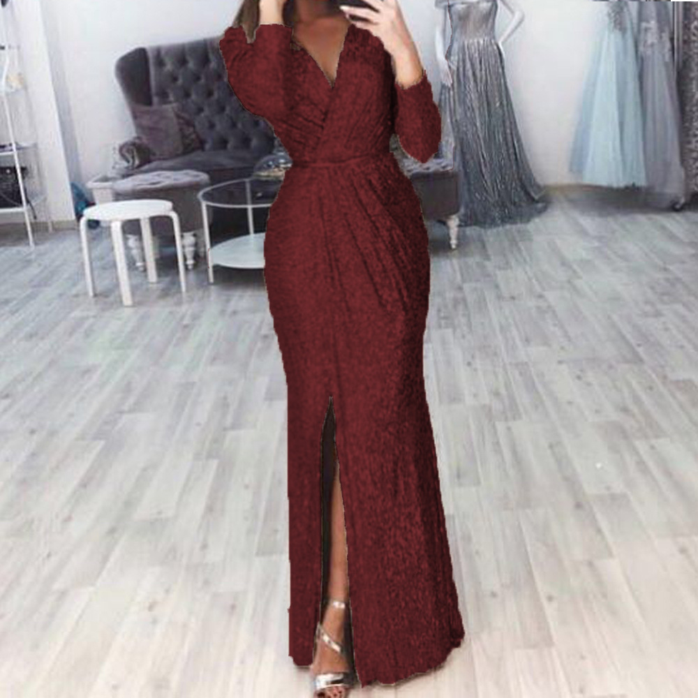 Women's Long Sleeve Deep V-Neck Sequin Evening Dress