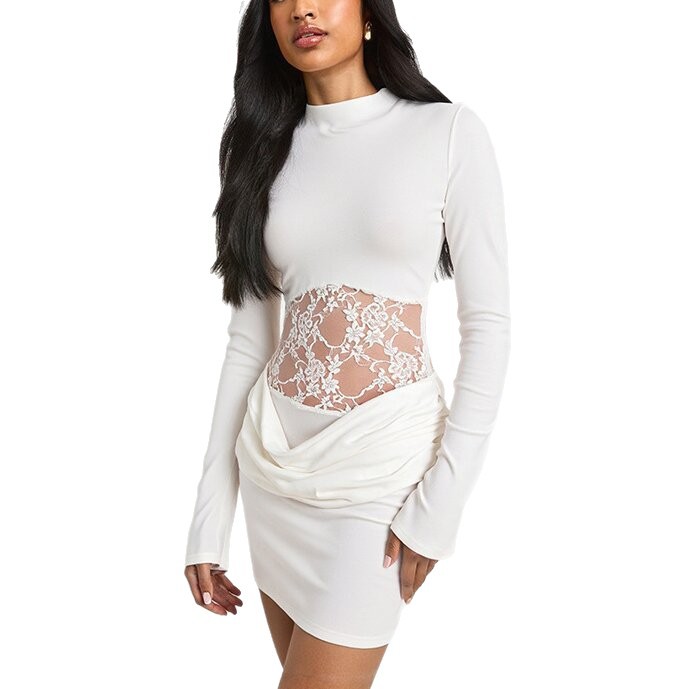 Lace Panel Bodycon Round Neck Long Sleeve Solid Mini Dress
