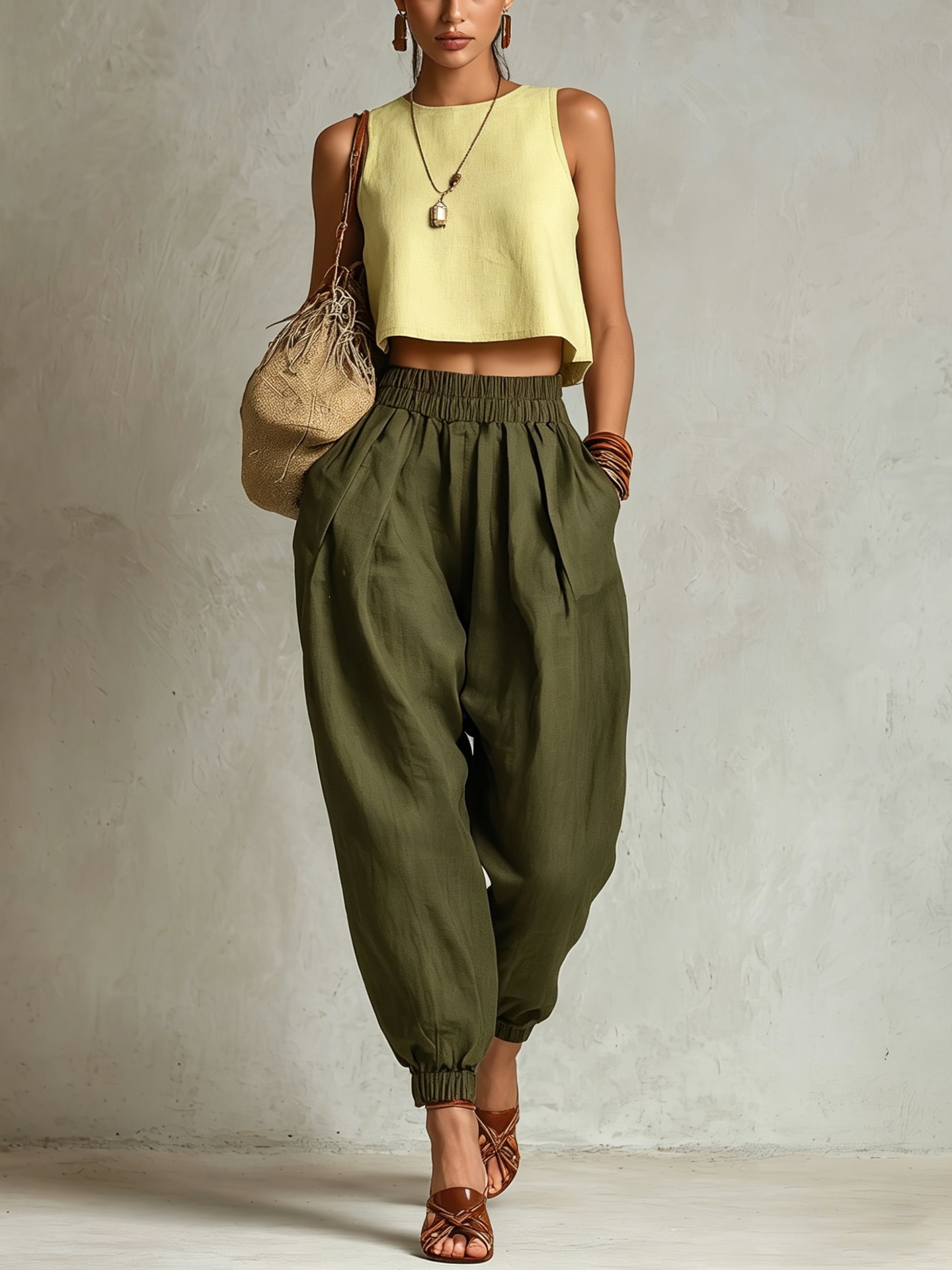 Women's Cotton-Linen Harem Pants Elastic Waist Loose Slimming Cuffed Lantern Casual Trousers