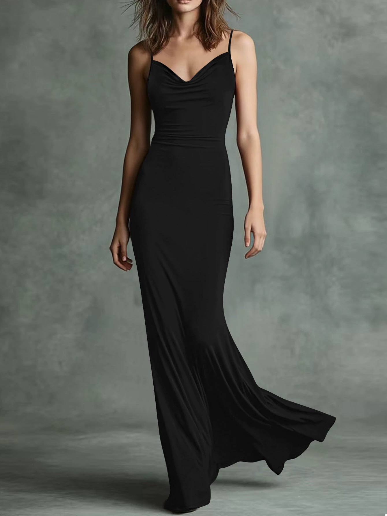 Summer Cowl Neck Sleeveless Bodycon Mermaid Midi Dress Solid Color