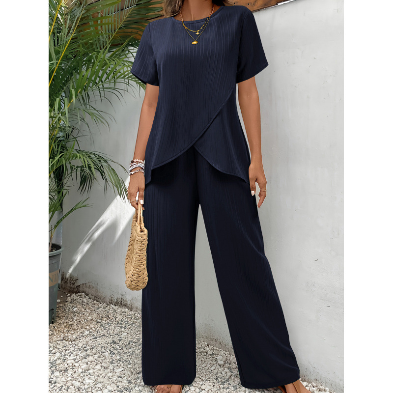 Women's Casual Cross-Front Asymmetric Top and Wide-Leg Pants Two-Piece Set