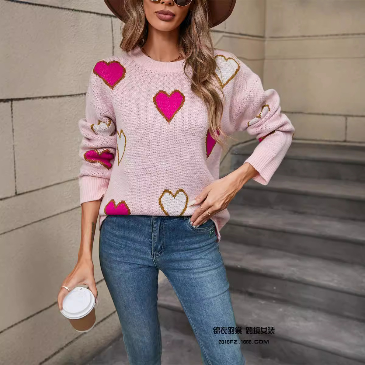 Women's Color-Block Heart Sweater, Crewneck Pullover, Long Sleeve