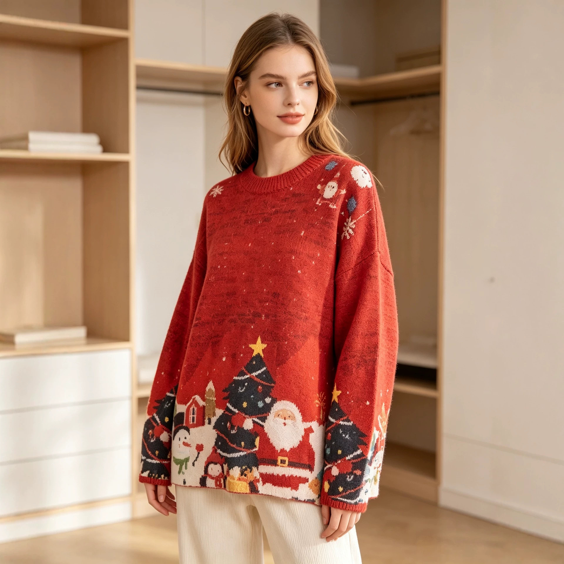 3D Print Christmas Sweater Women's Crewneck Long-Sleeve Knit Pullover