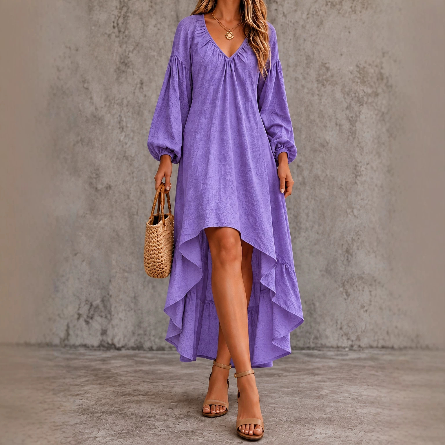 V-Neck Long Sleeve Ruffle A-Line Asymmetrical Hem Maxi Dress