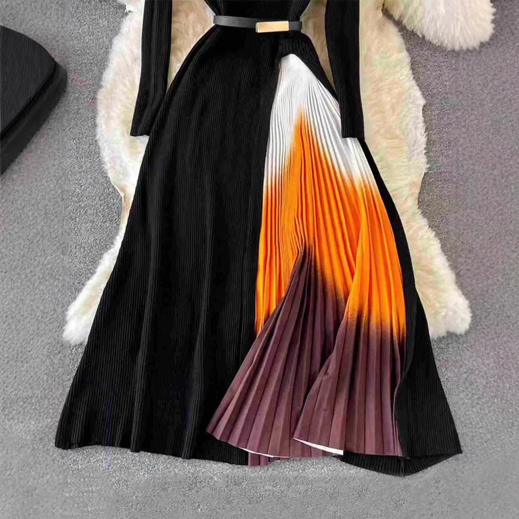 Elegant Gradient Belted Long Sleeve Dress with Stand Collar