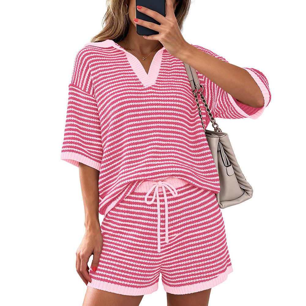 Striped Short Sleeve Sweater and Shorts Set Women's Casual Two-Piece Outfit