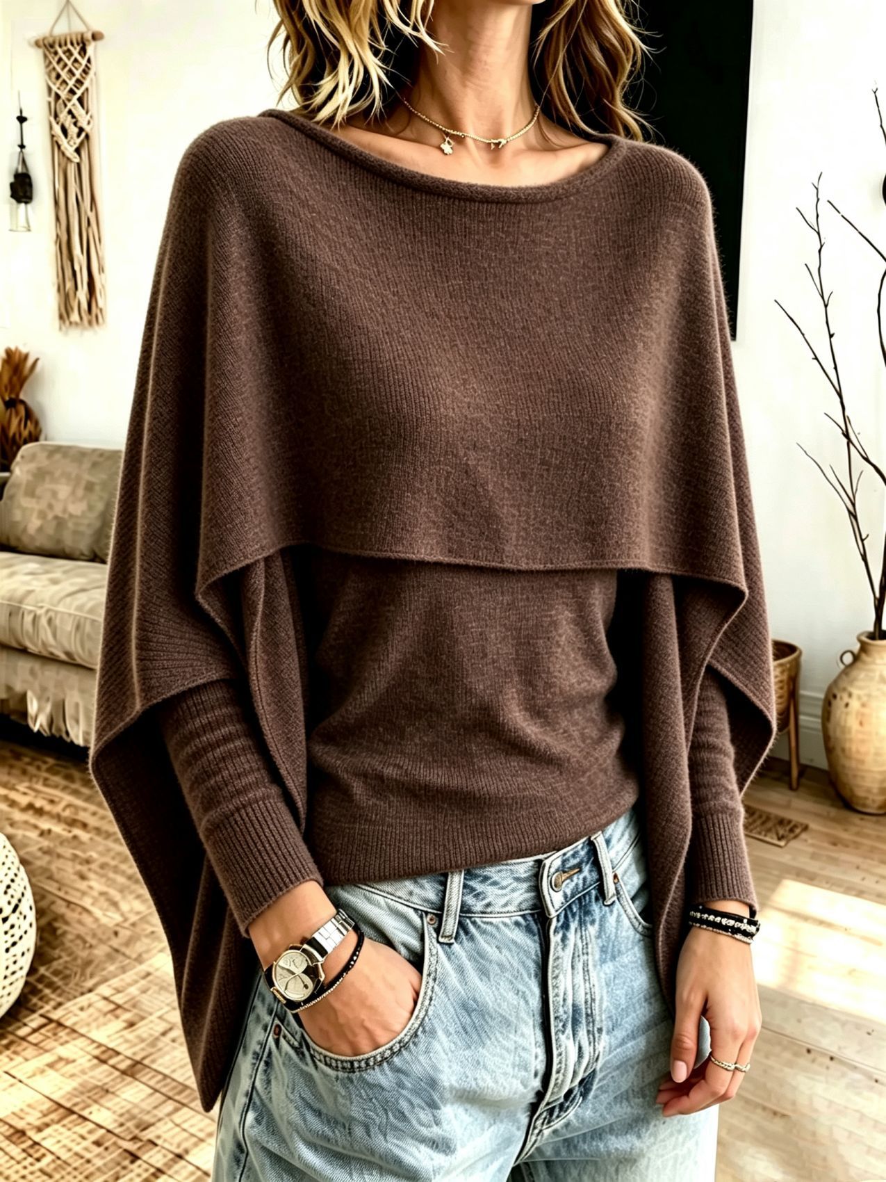 Women's Faux-Layer Cape-Sleeve Knit Sweater, Solid Color Loose Fit