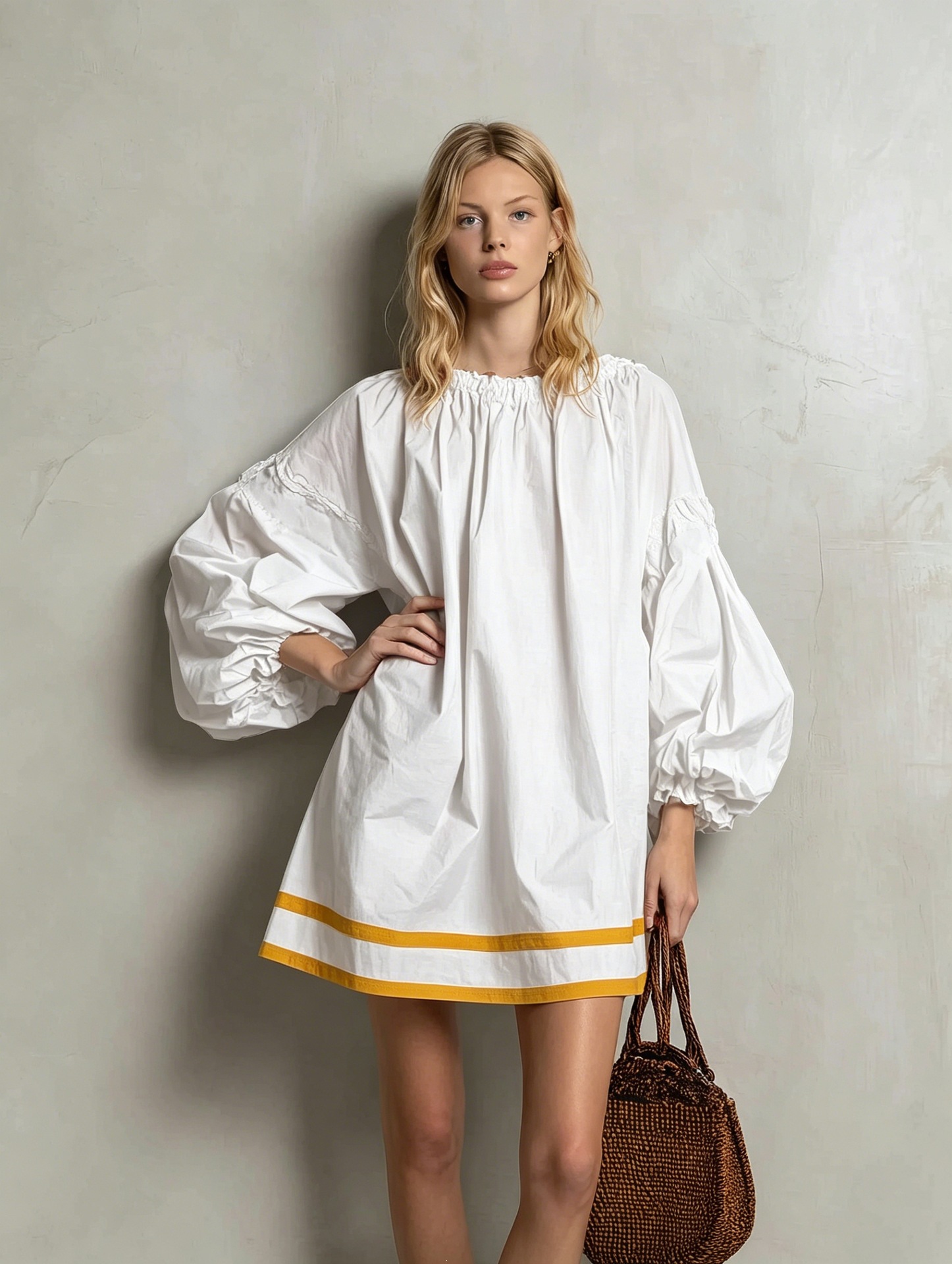 Women's Loose A-Line Dress with Round Neck, Puff Sleeves, Colorblock Patchwork, Short Babydoll Vacation Style
