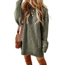 Cozy Cable-Knit Sweater Dress Round Neck Long Sleeve Knee-Length