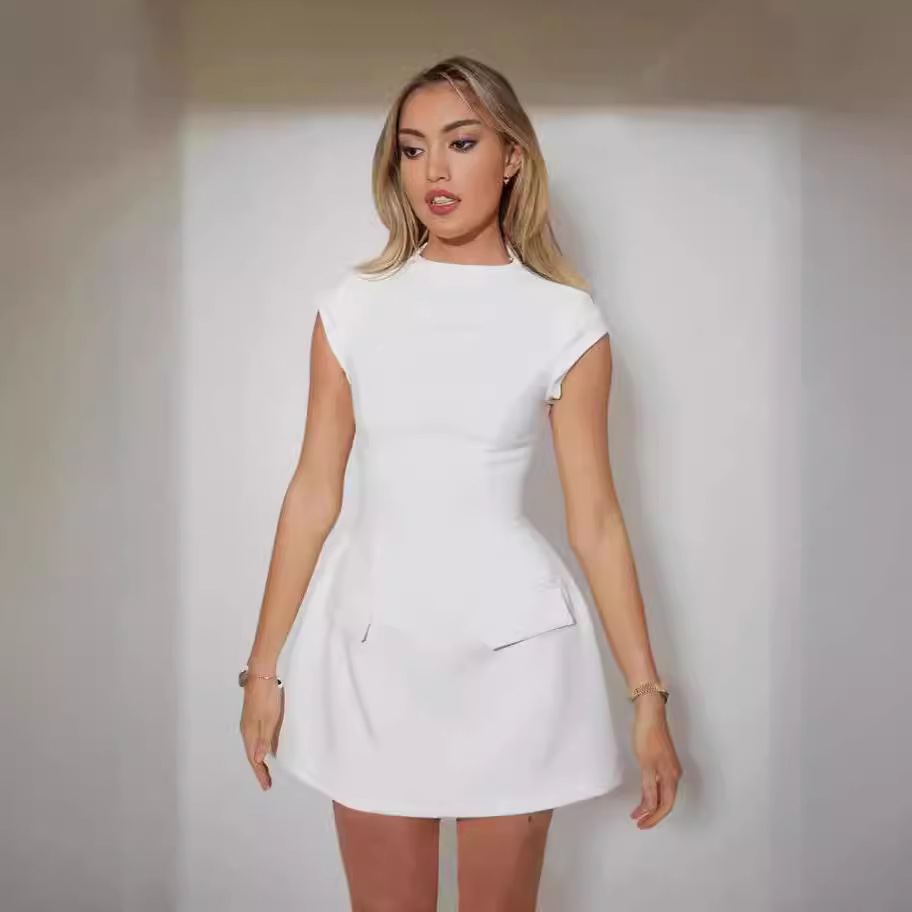 Women's Solid Crewneck Pocket Cinched Waist Slim Fit Dress