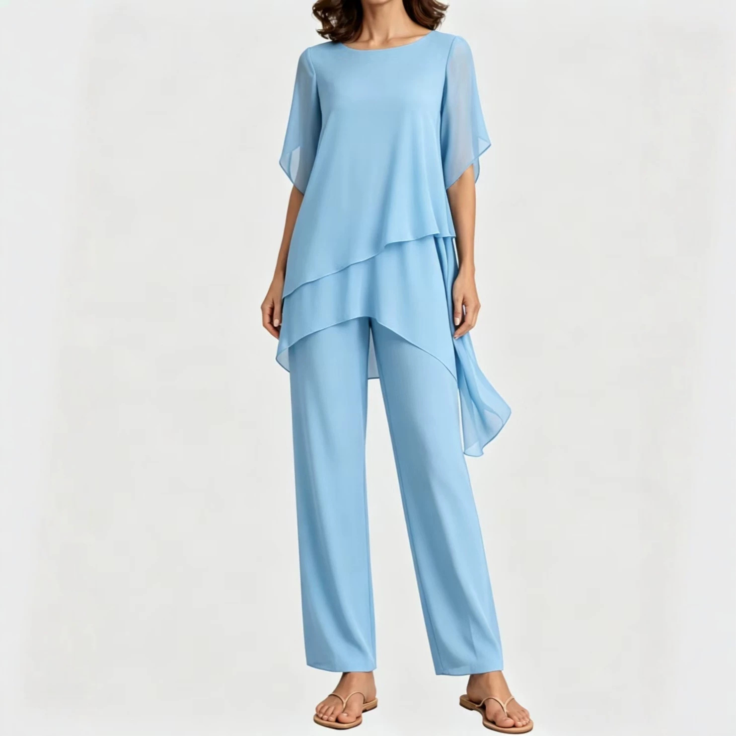 Women's Chiffon Short Sleeve Solid Color Loose Irregular Two-Piece Pant Set